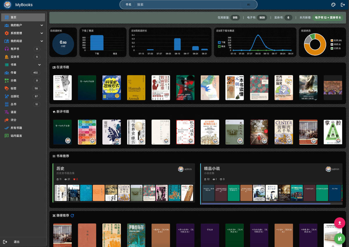 PoxsenStudio MyBooks 界面概览 - 私有数字图书馆仪表板